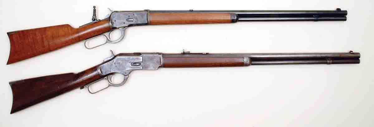 Mike’s two .38 WCF/.38-40 Winchester rifles fired for this article: a restored Model 1892 (top) and a Model 1873 (bottom). Both have 24-inch, round barrels.